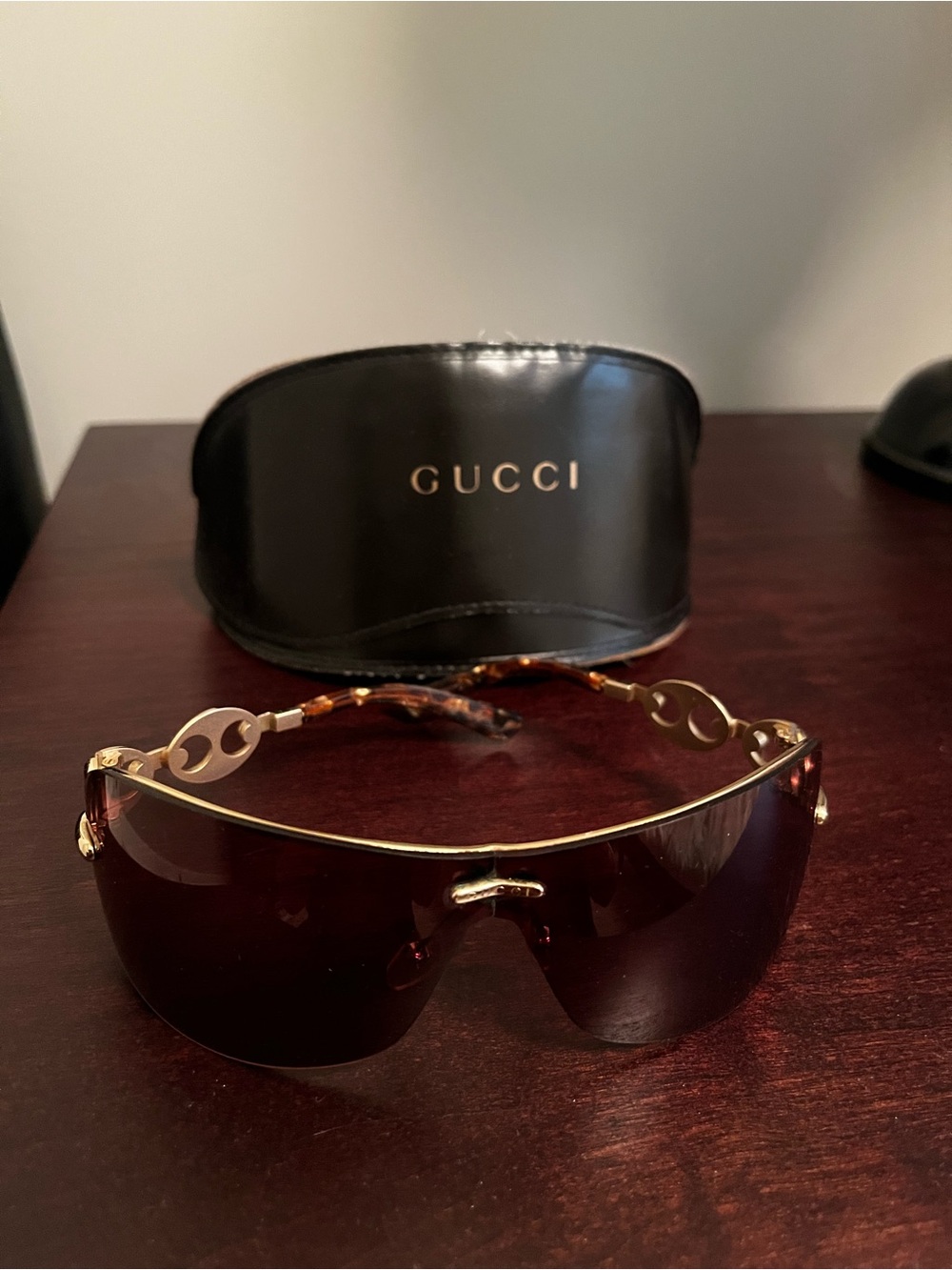 Gucci Women’s Gold Rim Shield Sunglasses with Brown Lenses